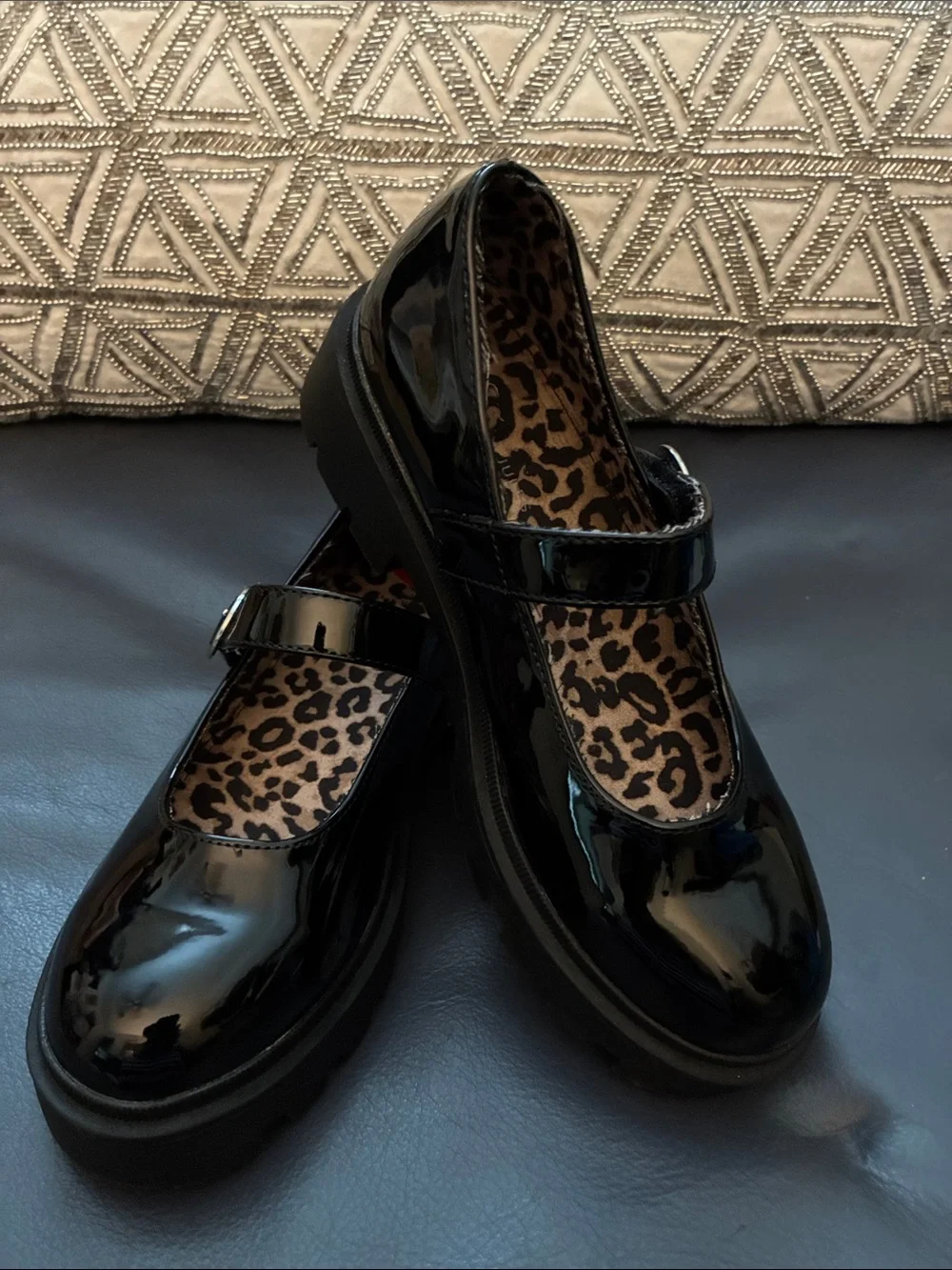 Sincerely Jules Girls  Black Patent Mary Jane Shoes with Leopard Insole